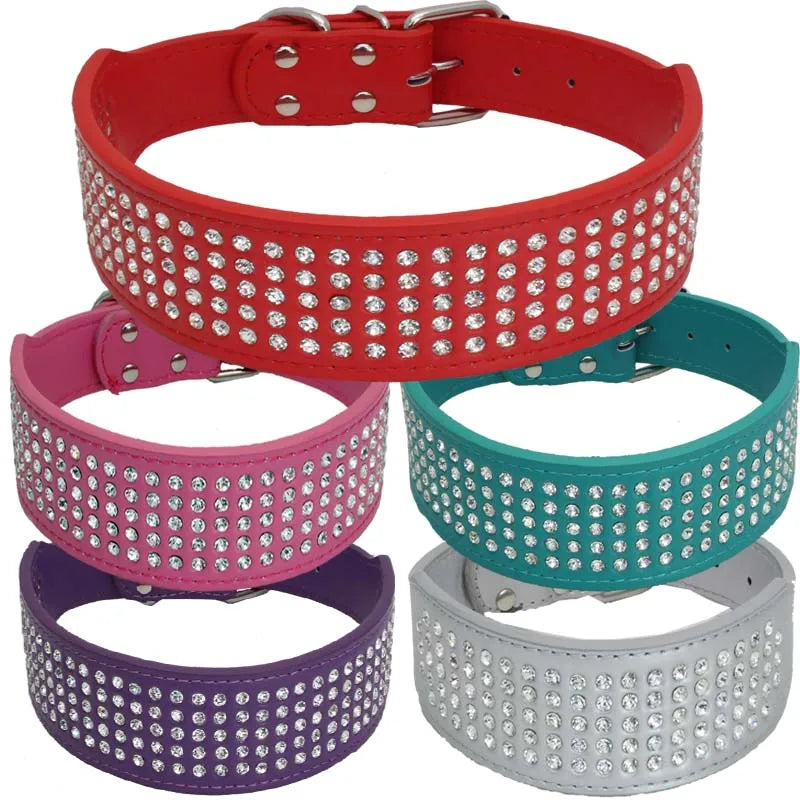 Pet Collar Rhinestone PU Leather Dog Collars 5 Row Diamante Bling for Large Dogs 5cm wide (only collar)