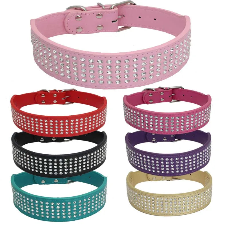 Pet Collar Rhinestone PU Leather Dog Collars 5 Row Diamante Bling for Large Dogs 5cm wide (only collar)