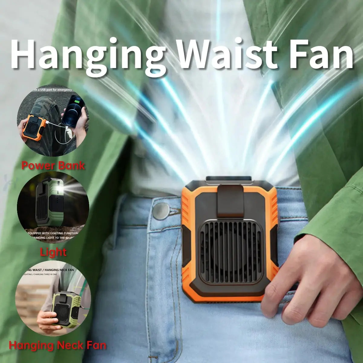 3-in-1 Portable Waist Clip Fan, USB Rechargeable Hands-free Necklace Fan with LED SOS Function, Mini Battery Operated Fan for Outdoor Works, Farm, Hiking, Camping, Travel