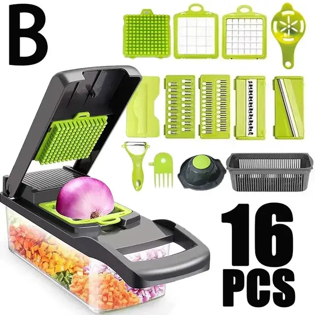 14/16 in 1 Vegetable Cutter Multi functional Shredders Slicer with Basket Fruit Potato Onion Chopper Carrot Grater Slicer