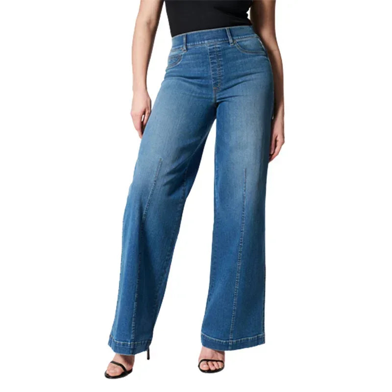 Stretch Elasticated Waist Wide Leg Jeans Women Clothing Fashion Chic Flared Trousers Loose Female Comfortable Commuter Casual Denim Pants