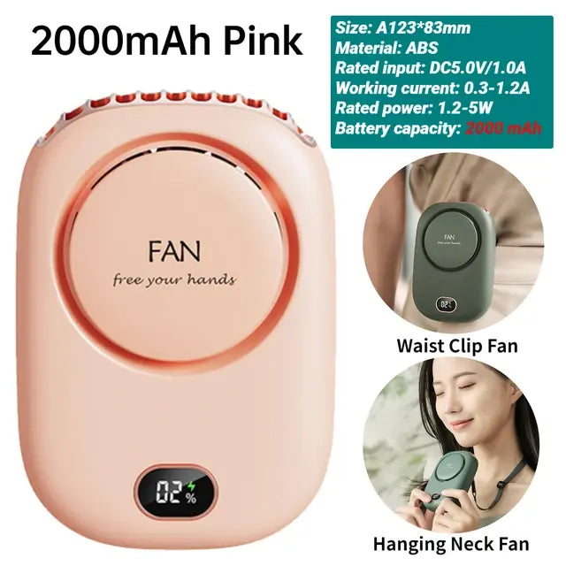 3-in-1 Portable Waist Clip Fan, USB Rechargeable Hands-free Necklace Fan with LED SOS Function, Mini Battery Operated Fan for Outdoor Works, Farm, Hiking, Camping, Travel